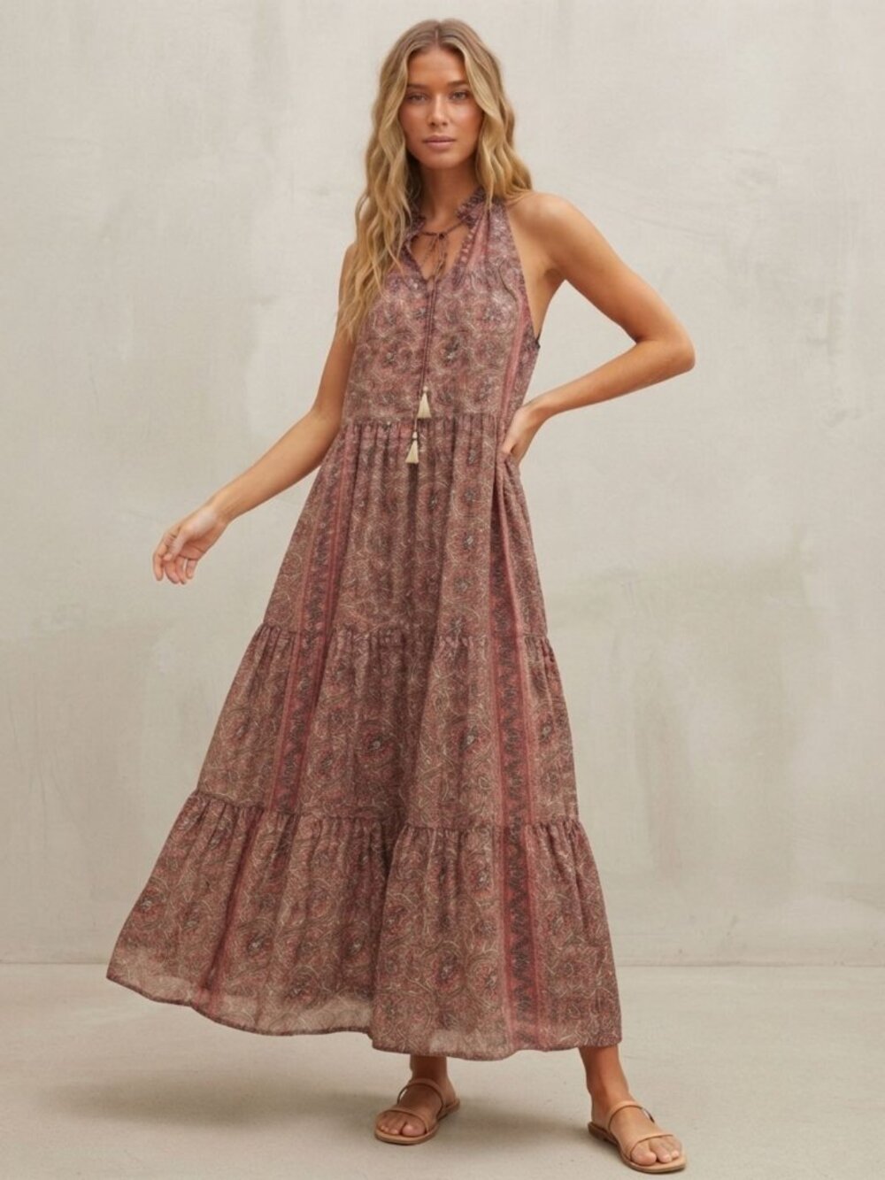 Paani Women's Paisley Print Halter Tiered Maxi Dress Size Medium 54879